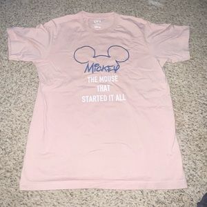 Uniqlo Pink Mickey Mouse shirt blue embroidery “the mouse who started it all”